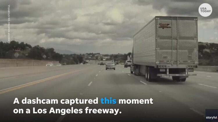 Kia flies through the air after a loose tire strikes it while driving in California