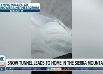 Skier on huge walls of snow surrounding home near Lake Tahoe
