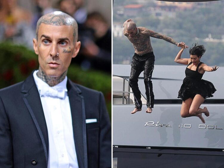 Travis Barker jumped off the roof of a yacht into the ocean to ease his nerves an hour before his wedding to Kourtney Kardashian
