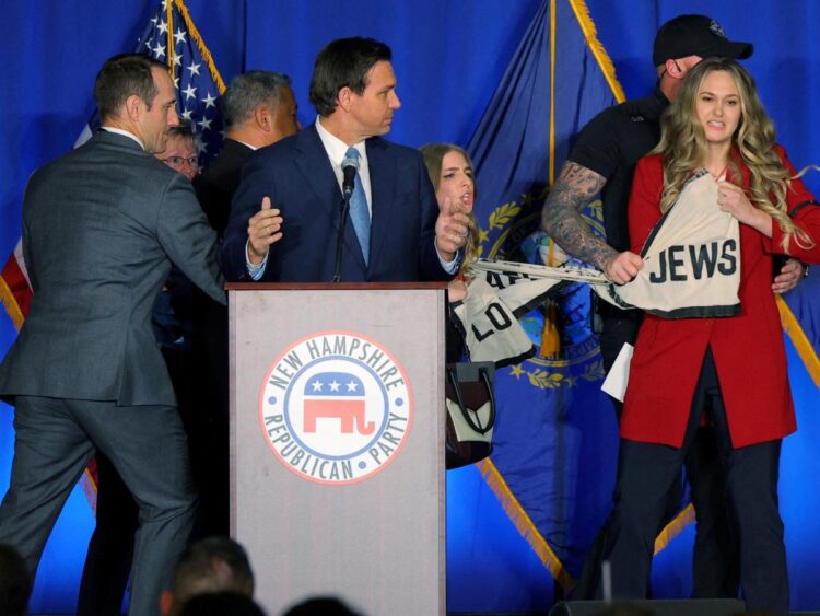 Protesters stormed the stage and yelled ‘Jews against DeSantis’ while the Florida governor spoke at a GOP fundraising event