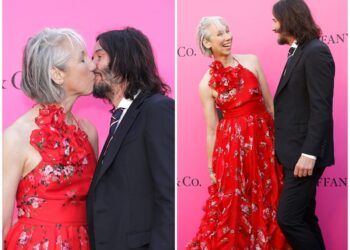 Keanu Reeves and his girlfriend Alexandra Grant share a kiss in a rare red carpet moment at the 2023 MOCA Gala