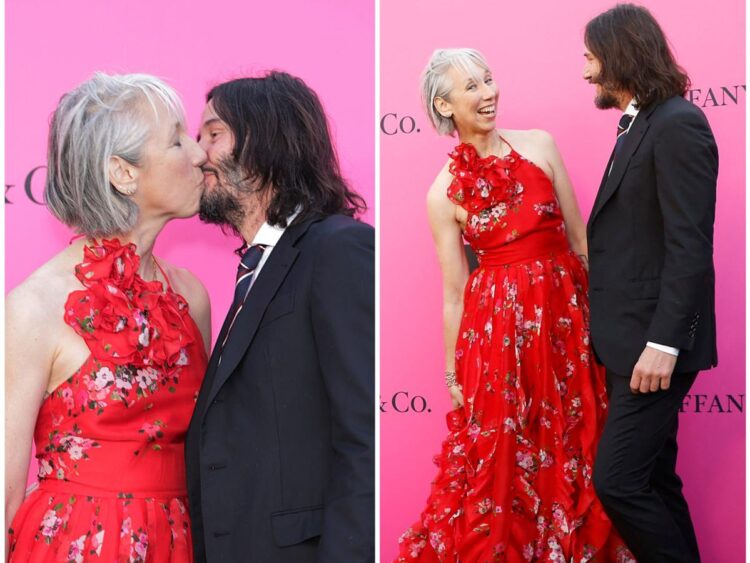 Keanu Reeves and his girlfriend Alexandra Grant share a kiss in a rare red carpet moment at the 2023 MOCA Gala
