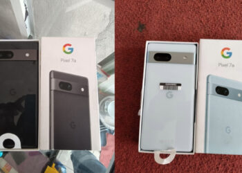 Google Pixel 7a unboxing images surface featuring Carbon and Arctic Blue colors