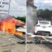 A man whose Tesla Model Y caught fire on a California highway says customer service asked him to haul the burned husk of his car to their service center