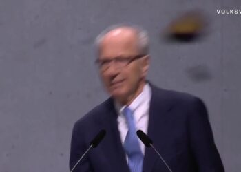 Protester throws cake at VW Chairman during AGM