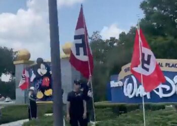 Protesters carrying Nazi flags and DeSantis imagery gathered outside Disney World in Orlando, Florida