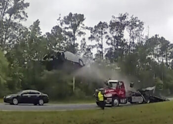 Car sent flying over tow truck in Georgia, video shows