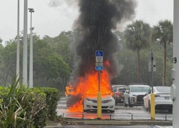 A Florida woman’s car caught fire with her children inside while she allegedly shoplifted in a mall